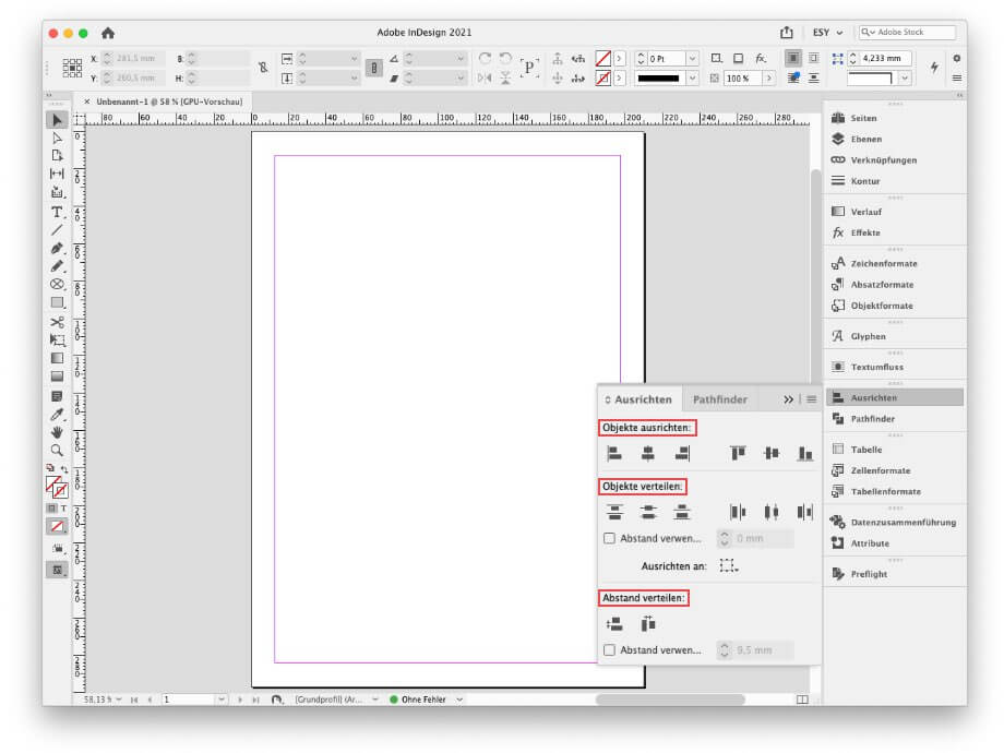 Bedienfeld Objekte ausrichten in Adobe InDesign